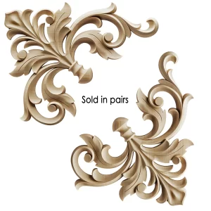 pair of Unfinished carved wood corner applique, ready for staining or painting, for home decor projects