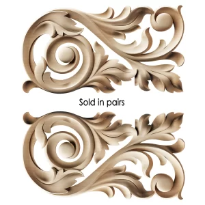 Pair of ornate, light-colored solid wood appliques featuring classical scroll and acanthus leaf designs, ideal for symmetrical furniture or wall decoration