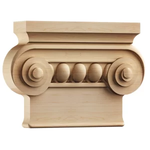 Traditional solid wood capital, possibly maple or similar hardwood, expertly carved with an egg-and-dart pattern between large volutes, ready for finishing.