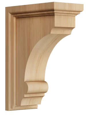 Clean-lined wood bracket with soft traditional elements