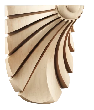 Carved wood corbel with graceful feather motif and flowing lines