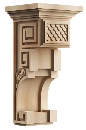 Textured corbel featuring overlapping fish scale pattern Artisan corbel with scalloped detailing inspired by marine elements Carved wood corbel with repeating scale-like motif Decorative corbel with fish-scale relief for a coastal or art deco feel Curved corbel with textured fish scale design for added dimension