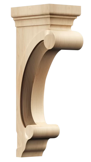 Carved hardwood corbel with classic scrollwork and clear finish