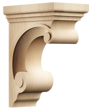Decorative corbel featuring bold scroll ends and traditional architectural detailing