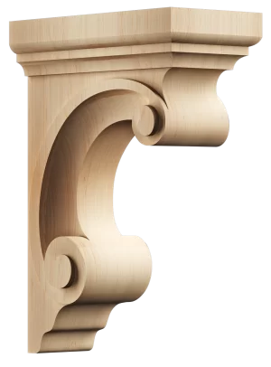 Smooth natural wood corbel with double scroll ends and clean grain texture
