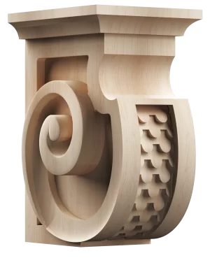 Carved wood corbel with repeating scale-like motif