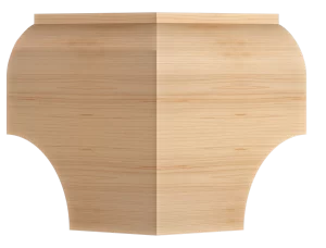 Unfinished solid wood corner base with rounded edges and a square top, showing natural wood grain.