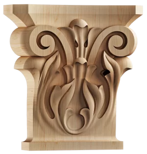 Decorative solid wood capital, ideal for columns or pilasters, showcasing detailed acanthus leaf and scroll carving, ready for custom finishing.