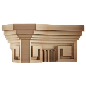 Unfinished solid wood decorative block, possibly made from a fine-grained hardwood, adorned with a geometric Greek key design and simple arch motifs.