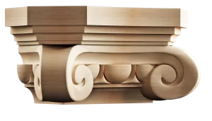 Decorative solid wood capital, ideal for classical pilasters or columns, featuring a rich blend of volute and bead ornamentation.