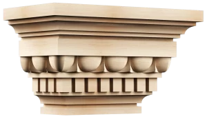 Highly detailed solid wood capital or corbel, likely a fine-grained hardwood, featuring multiple stepped moldings, a row of carved semi-circular scales or flutes, and a lower frieze of square blocks