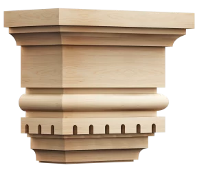 Solid wood column or pilaster capital/base featuring a stepped rectangular top, a prominent central block, a rounded torus molding, and a lower frieze with carved arch or dentil-like elements.