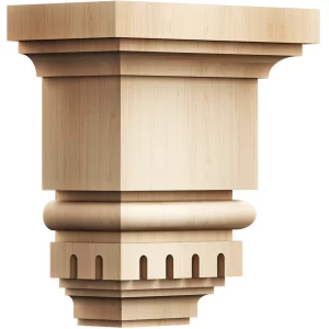Robust solid wood capital, possibly made from a hardwood like maple, with a multi-layered profile including square, rounded, and arched details, ready for finishing as a furniture or architectural element.