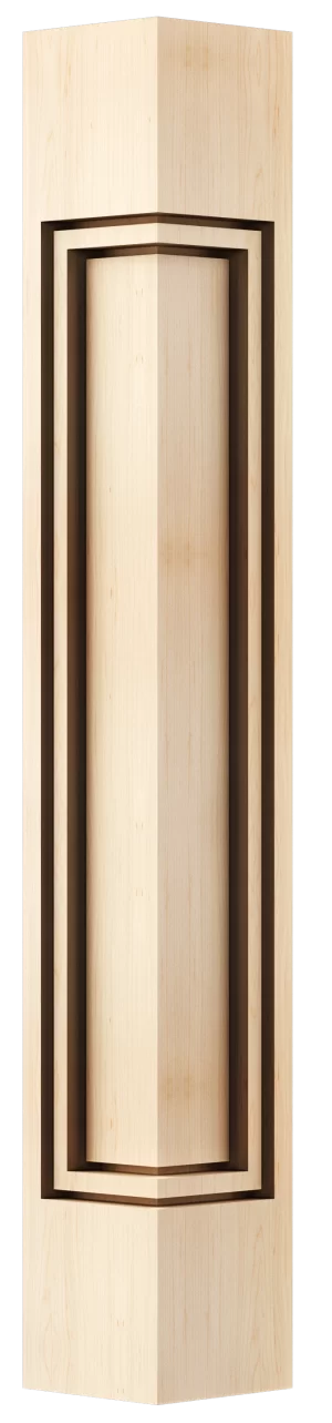 Square fluted wood corner post with deep-set vertical grooves and clean top block