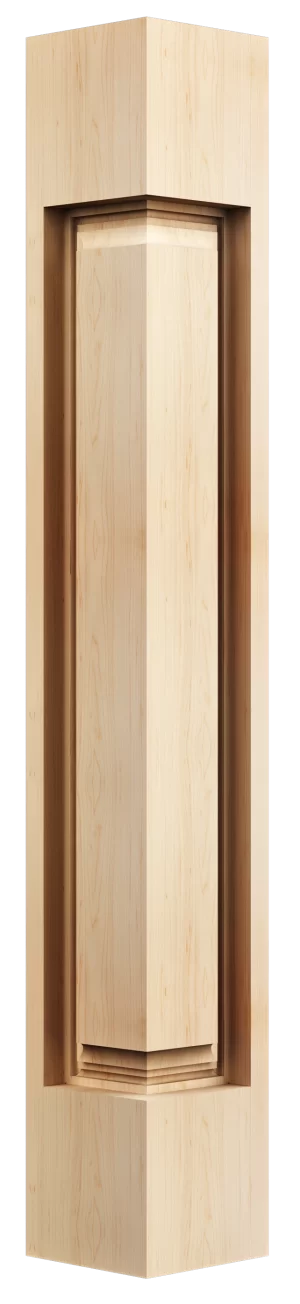 Precision-carved corner post with tapered edges and recessed linework