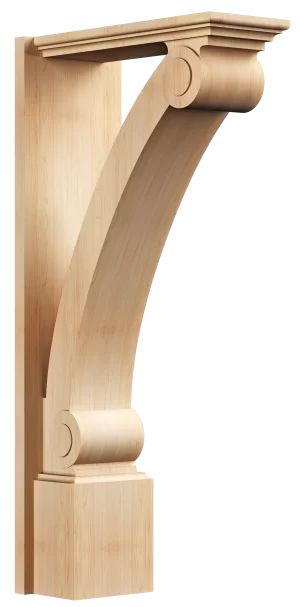 Traditional solid wood kitchen island bracket with elegant volute scrolls and a graceful curved support, ideal for classic kitchen designs