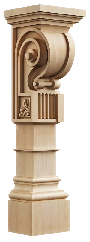 Classical solid wood kitchen island corbel with an ornate volute scroll capital, a stylized geometric leaf carving within a square panel, and vertical fluting, perfect for traditional and elegant kitchens.