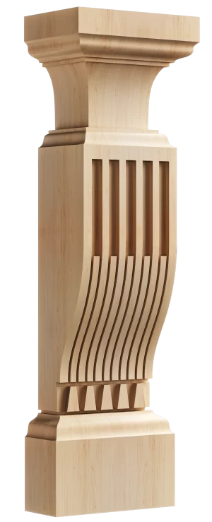 Modern solid wood kitchen island post with a unique design featuring vertical and curved slatted details, creating a contemporary architectural look.