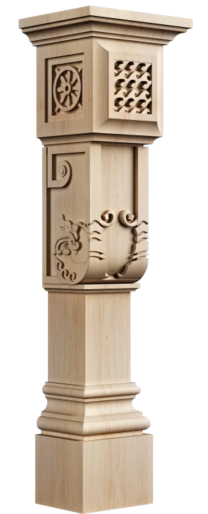 Highly decorative solid wood kitchen post featuring various carved panels including a stylized ship wheel, woven pattern, and an ornate, possibly mythical, creature motif.