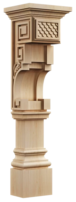 Solid wood kitchen island post with complex geometric carved details, a scalloped shingle-like pattern, and a classical base, blending styles
