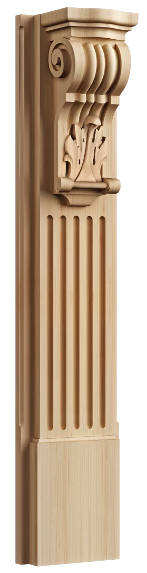 Classical solid wood kitchen island post with a refined capital featuring a scrolled acanthus leaf, and vertical fluting on the shaft, ideal for elegant traditional kitchens.