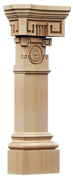 Geometric solid wood kitchen island post column with an intricate Greek key pattern capital and a circular rosette detail on the shaft, inspired by classical architecture.