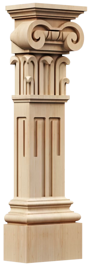 Classical solid wood kitchen island column with an Ionic volute capital, ornate carved details below the capital, and linear fluting on the main shaft, ideal for traditional grandeur.