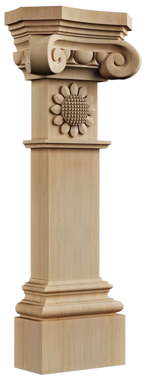 Solid wood kitchen island column with a classical volute capital and a decorative carved sunflower rosette detail on the shaft, ideal for Tuscan or traditional styles.