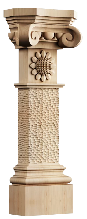 Substantial solid wood kitchen island post with a classical volute capital, a carved sunflower rosette, and a rustic textured lower shaft, offering unique detail.