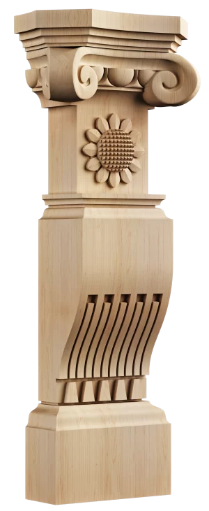 Ornate solid wood kitchen island post combining a classical volute capital, a carved sunflower rosette, and a unique slatted curved base design.