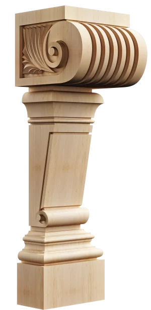 Elevate your kitchen with our volute solid wood island post, featuring a timeless scroll design. Custom crafted in 15+ wood species for classic elegance.