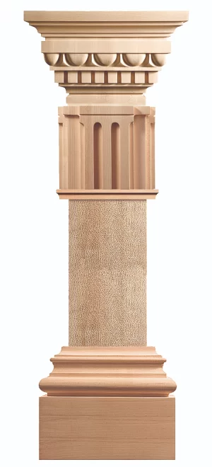 Rustic classical solid wood kitchen island post, column with a formal Doric-style capital, a textured, chiseled central shaft, and a robust molded base.