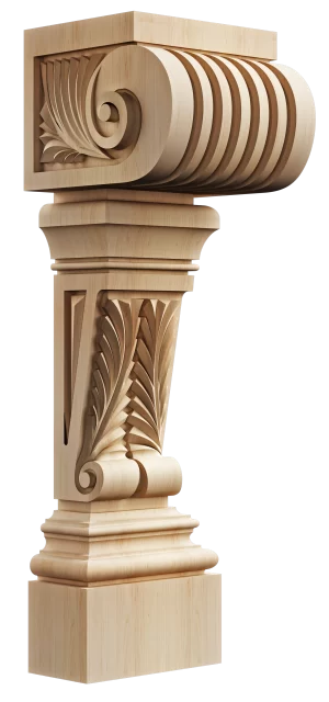 Elevate your kitchen with our carved acanthus solid wood island post, featuring classic scrolls. Custom crafted in 15+ wood species for timeless elegance.