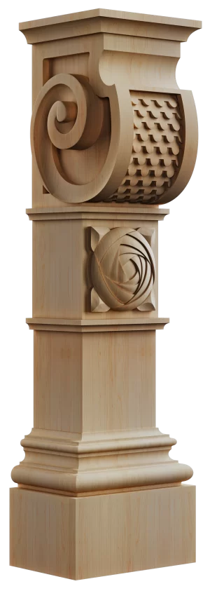 Solid wood kitchen island post with a large carved rosette featuring swirling petals, a classic volute capital with textured scale pattern, and a substantial base.