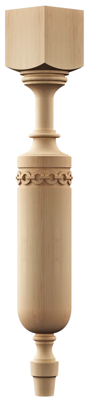 Artisan turned leg featuring symmetrical round carving