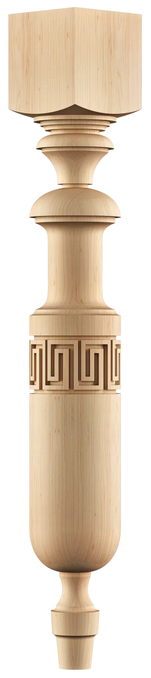 Classic round center turning on solid wood furniture leg with greca pattern