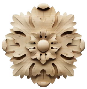Round wood applique with radiating acanthus leaf carving