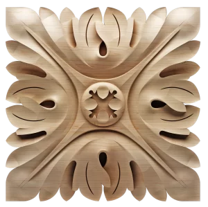 Rectangular wood applique featuring a large, curled acanthus leaf in a folding pattern