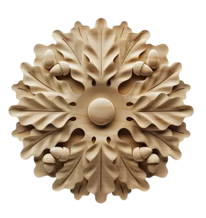 Carved round wood rosette featuring acorns and oak leaves in symmetrical layout