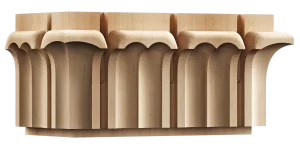 Solid wood architectural detail, similar to a capital or frieze, showcasing a row of consistently sized, deeply carved rounded pillars or arch forms, with a flat top and bottom edge.
