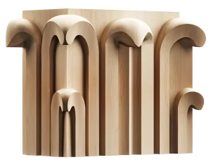 Unique solid wood carved detail, possibly white oak, composed of an asymmetrical arrangement of rounded, deeply cut vertical elements, suitable for bespoke furniture or architectural features.