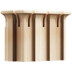 Segment of a solid wood decorative molding or capital with a rhythmic design of rounded, vertically oriented elements, showcasing the natural grain of the wood.