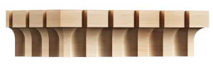 Solid wood decorative capitals or frieze with a repeating pattern of square blocks above rounded arches.