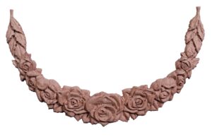 Carved solid wood crescent rose garland swag appliqué with detailed flower blooms and leaves on white background