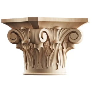 Intricately carved solid wood capital in a classical Corinthian style, featuring detailed acanthus leaves and volutes (scrolls) at the corners.