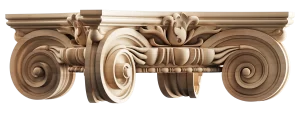 Unfinished decorative wood capital, designed to top a column or pilaster, showcasing elaborate natural wood carving with floral and scroll motifs