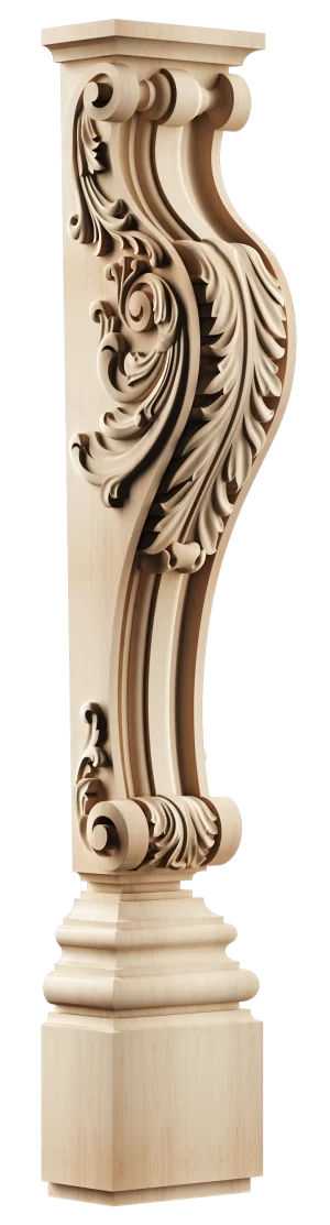 Elegant carved wood kitchen island post in a light wood finish, showcasing intricate scrollwork and a prominent acanthus leaf carving, made from durable solid wood.