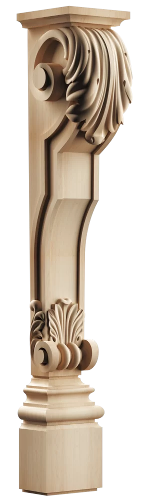 Ornate carved solid wood kitchen island leg with bold acanthus leaf details and classic scroll motifs, providing sturdy and decorative support for custom islands