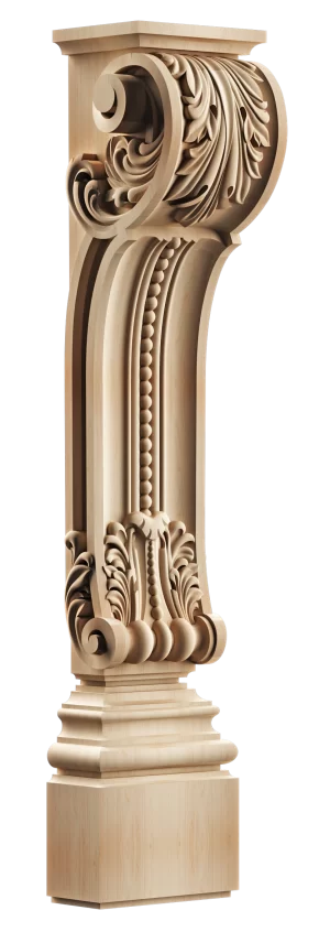 Detailed carved solid wood kitchen island support with elegant bead and acanthus leaf design, perfect for traditional and transitional kitchen islands.
