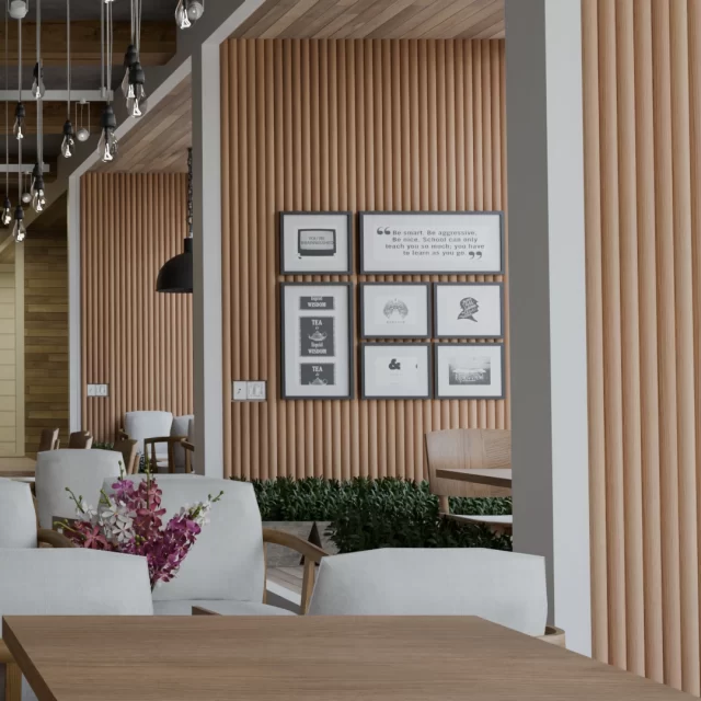 Cafe or commerical space decor. We put Tambour panels on the wall of the cafe to create great natural effect, tambour panels for walls, large custom pieces for price in canada